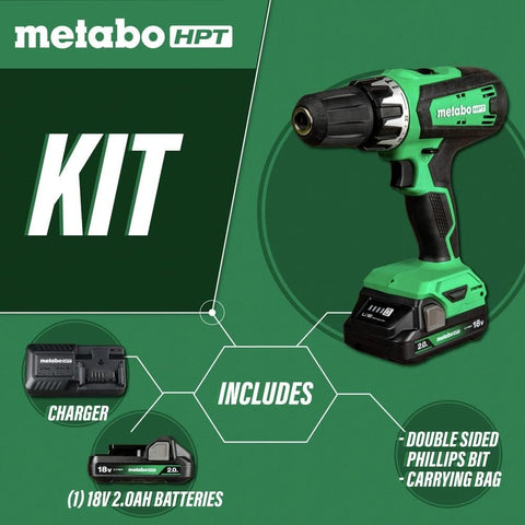 Metabo HPT DS18DFX 18V Cordless Drill Driver 1/2-Inch 2.0Ah Li-Ion Battery Kit