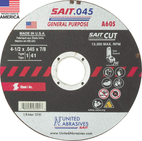United Abrasives 23101 Cut-Off Wheels A60S Type 1/41 4-1/2" x .045" x 7/8" 50 Pk