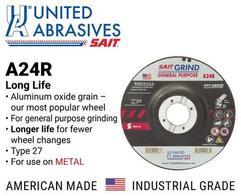 United Abrasives-SAIT 20063 A24R General Purpose/Long Life Grinding Wheel (Type 27/Depressed Center) 4 1/2" x 1/4" x 7/8"