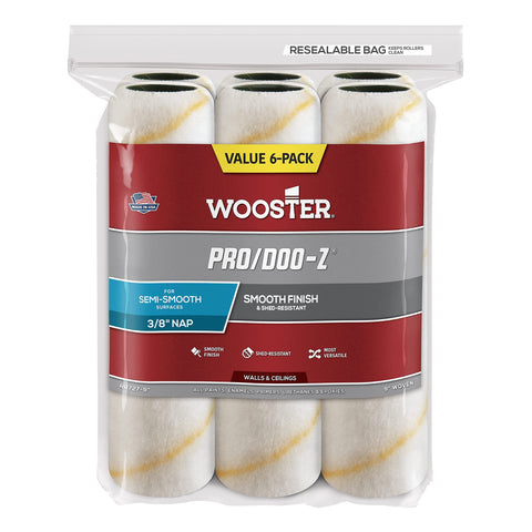Wooster Brush RR727-9 Pro/Doo-Z Nap Paint Rollers, 3/8-Inch, 6-Pack , White