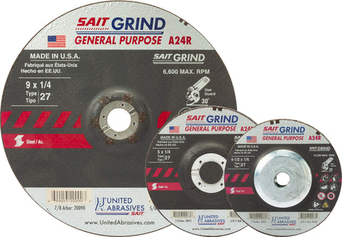 United Abrasives-SAIT 20063 A24R General Purpose/Long Life Grinding Wheel (Type 27/Depressed Center) 4 1/2" x 1/4" x 7/8"