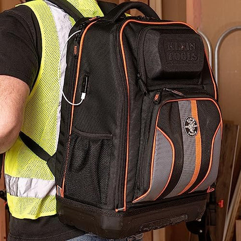 Klein Tools 62805BPTECH 28-Pocket Laptop Backpack Tool Bag, Tradesman Pro Extra-Large Tech Tool Backpack with Molded Bottom, Charging Port