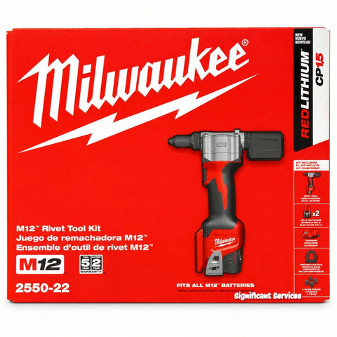 Milwaukee 2550-22 M12 Cordless Rivet Tool Kit, 12V Battery Powered Rivet Gun Kit