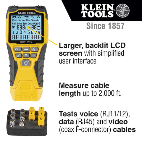 Klein Tools VDV501-851 Cable Tester Kit Scout Pro 3 Ethernet Data Coax Phone