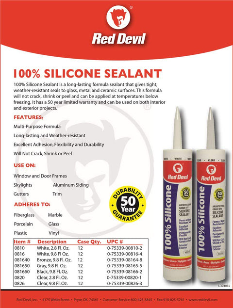 Red Devil 0816 Architectural Grade 50 Year 100% Silicone Sealant, White, 9.8 oz