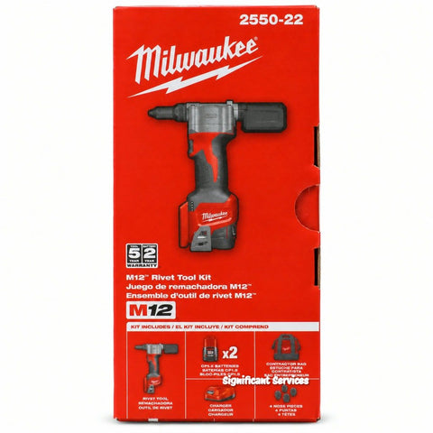 Milwaukee 2550-22 M12 Cordless Rivet Tool Kit, 12V Battery Powered Rivet Gun Kit