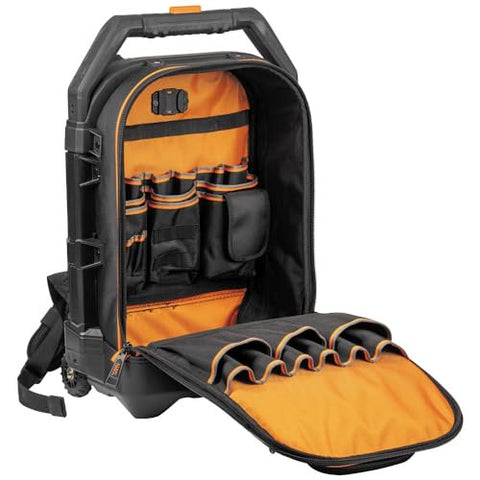 Klein Tools 55604 Rolling Tool Backpack, Tool Bag with 28 Pockets, Heavy Duty Retractable Handle, Large Storage Interior, 3-Inch Wheels
