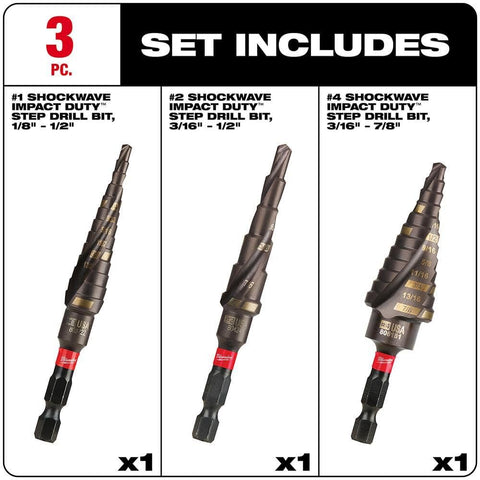 Milwaukee 48-89-9254 SHOCKWAVE High Speed Steel Impact Duty Step Bit 3 pc Set