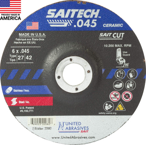 United Abrasives-SAIT 22082 Saitech™ High Performance Cut-Off Wheels (Type 27/Type 42 Depressed Center) 6" x .045" x 7/8", 50-Pack