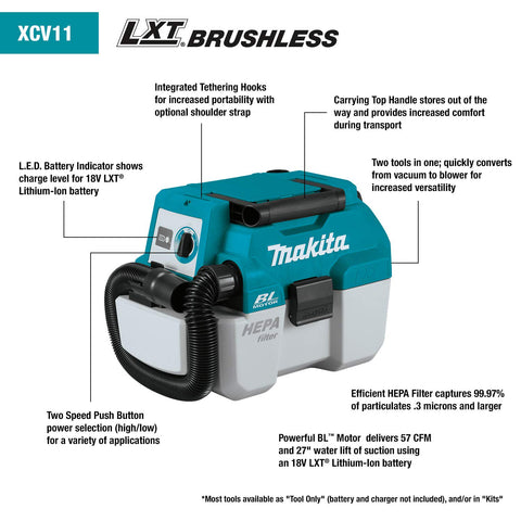 Makita XCV11Z 18V LXT Lithium-Ion Brushless Cordless 2 Gallon HEPA Filter Portable Wet/Dry Dust Extractor/Vacuum, Tool Only