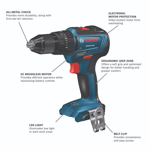 BOSCH GSB18V-490N 18V EC Brushless 1/2 In. Hammer Drill/Driver (Bare Tool)