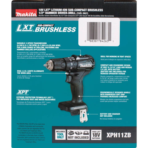 Makita XPH11ZB 18V LXT Lithium-Ion Sub-Compact Brushless Cordless 1/2" Hammer Driver-Drill, Tool Only