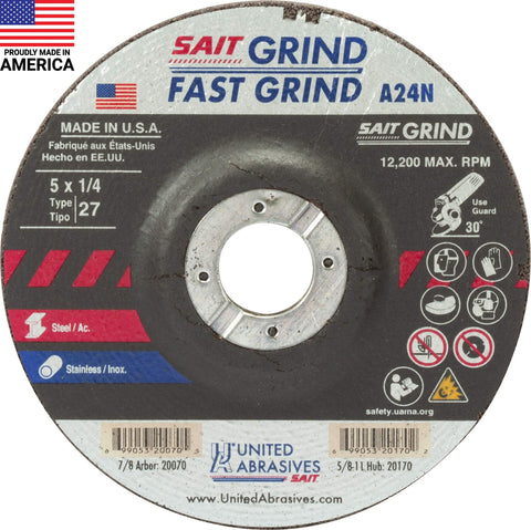 United Abrasives-SAIT 20070 A24N Fast Grinding Wheel 5" x 1/4" x 7/8" Type 27