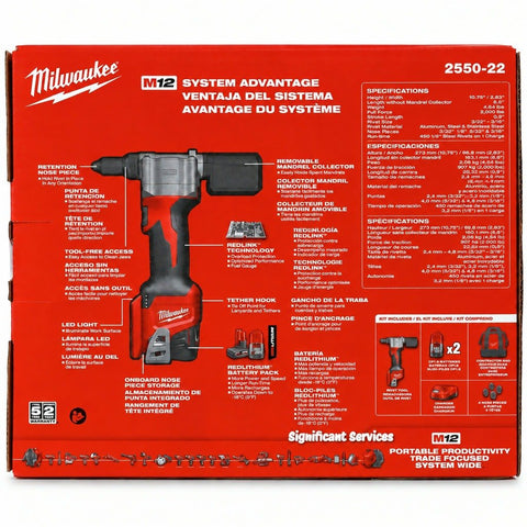 Milwaukee 2550-22 M12 Cordless Rivet Tool Kit, 12V Battery Powered Rivet Gun Kit