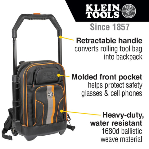 Klein Tools 55604 Rolling Tool Backpack, Tool Bag with 28 Pockets, Heavy Duty Retractable Handle, Large Storage Interior, 3-Inch Wheels