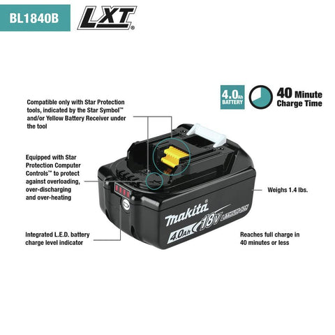 Makita ADBL1840BDC1 18V LXT 4.0Ah Lithium-Ion Battery and Charger Starter Pack