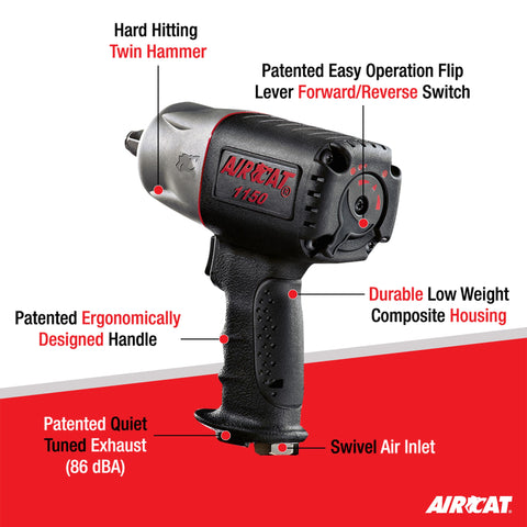 AIRCAT 1150 1/2" Pneumatic Impact Wrench 900 ft-lb Max Torque Composite Body