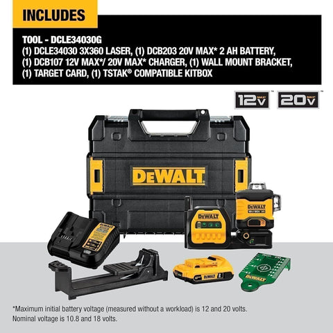 DEWALT DCLE34030G 20V MAX XR 3 X 360 Cross-Line Green Laser Level 2.0 Ah Kit