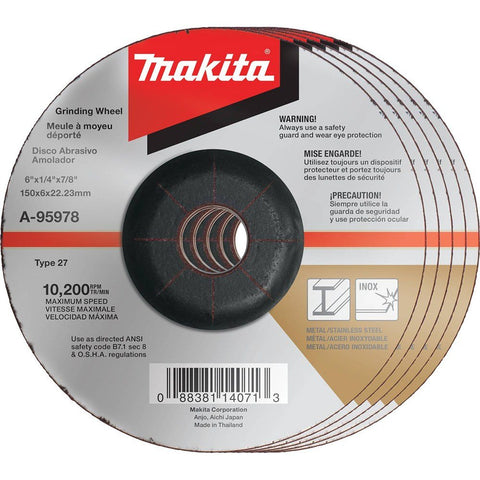 Makita A-95978-5 INOX Grinding Wheel Disc 6" x 1/4" x 7/8" 36 Grit Metal 5-Pack