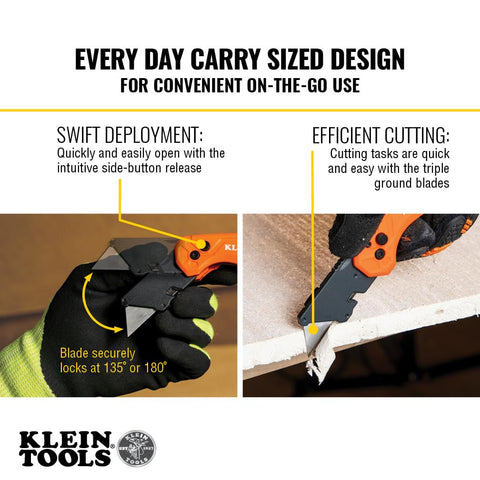 Klein Tools 44302 Folding FLICKBLADE Utility Knife with Side Release Button, Compact, Dual Locking Positions for Versatile Cutting Options