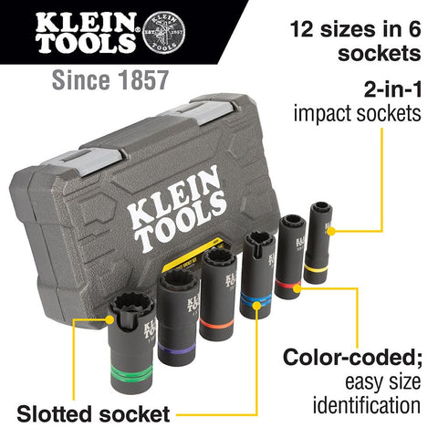 Klein Tools 660KIT2 1/2-Inch Drive Impact Socket Set with 6-in-1 Impact and 6 Slotted Sockets, for Linemen and Utility Work, 8-Piece