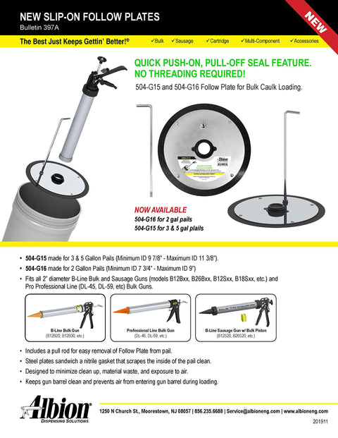 Albion Engineering 504-G15 Slip-on Follow Plate for 5 Gallon Pail (No Threading)