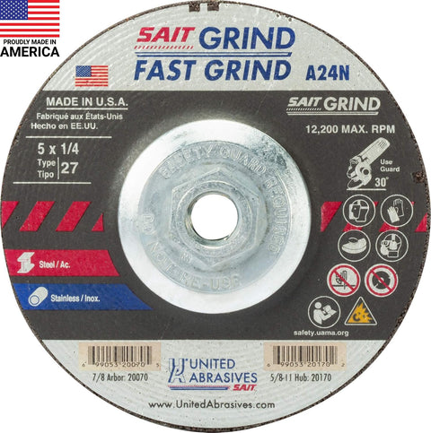 United Abrasives-SAIT 20170 A24N Fast Grinding Wheel 5" x 1/4" x 5/8-11" Type 27