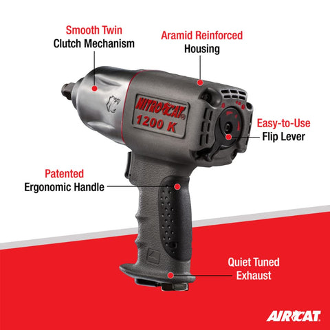 AIRCAT 1200-K 1/2" Pneumatic Impact Wrench 900 ft-lb Nitrocat Twin Clutch Composite
