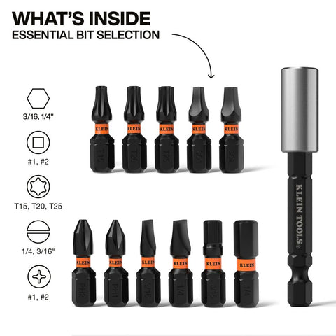 Klein Tools 33801S Impact Driver Bit Set, 12-Piece, S2 Steel, MODbox Compatible Storage Case, Magnetic Holder, Professional Driver Bits
