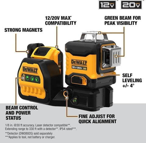 DEWALT DCLE34030G 20V MAX XR 3 X 360 Cross-Line Green Laser Level 2.0 Ah Kit
