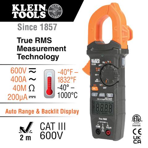 Klein Tools CL320 Digital Clamp Meter, HVAC AC Auto-ranging 400A, AC/DC Voltage, TRMS, DC Microamps, Resistance, Frequency, NCVT, Temp