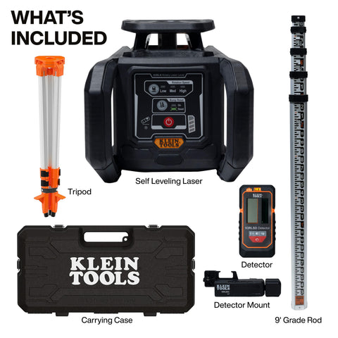 Klein Tools 93RLS Green Self-Leveling Rotary Laser Level Kit, Horizontal/Vertical with Plumb Spot, 1150-Foot Range, Rechargeable, Tripod, Detector