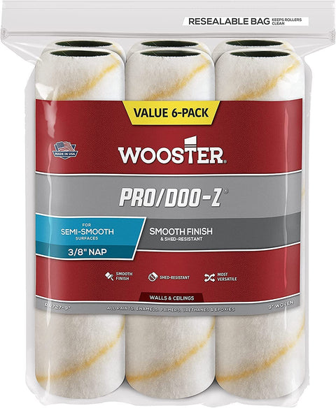 Wooster Brush RR727-9 Pro/Doo-Z Nap Paint Rollers, 3/8-Inch, 6-Pack, White