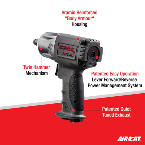 AIRCAT NitroCat 1375-XL 1/2" Mini Composite Pneumatic Impact Wrench Twin Clutch