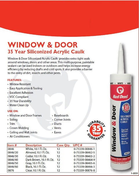 Red Devil 084640 Window & Door Siliconized Acrylic Caulk, 10.1 oz, Pack of 1, Br