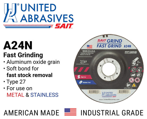 United Abrasives-SAIT 20070 A24N Fast Grinding Wheel 5" x 1/4" x 7/8" Type 27