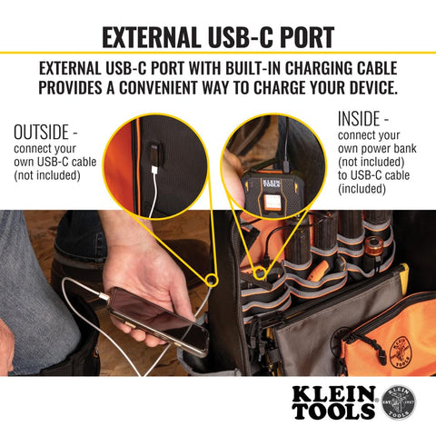 Klein Tools 62482 Tool Backpack, Tool-Station Pro Heavy-Duty Organizer with 27 Pockets, Large Interior, Molded Bottom, Electrician Tool Bag