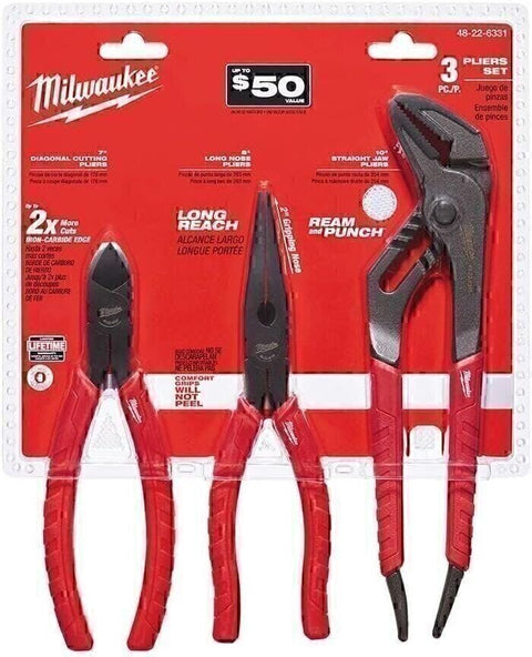Milwaukee 48-22-6331 3pc Comfort Grip Pliers Set Diagonal Long Nose Strait Jaw