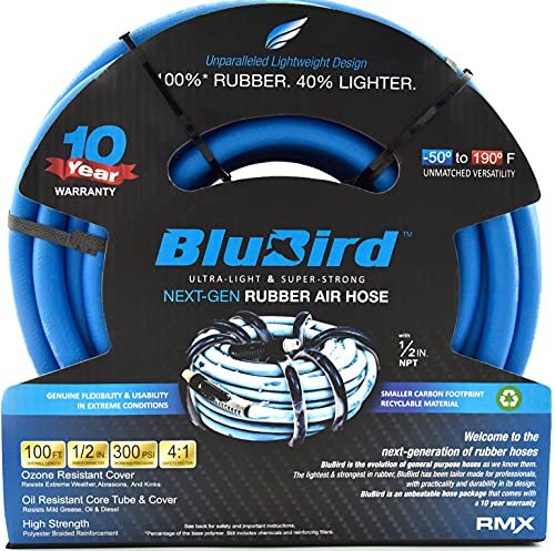BLUBIRD BB12100 1/2" x 100' Rubber Air Hose, 100% Rubber, Lightest, Strongest, Most Flexible, 300 PSI, 50F to 190F Degrees, Ozone Resistant, High Strength Polyester Braided