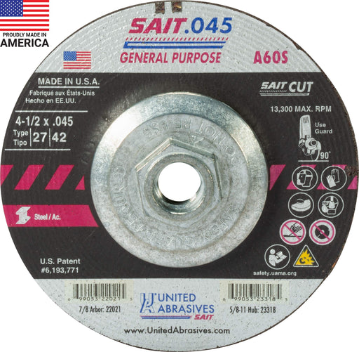 United Abrasives-SAIT 23318 A60S General Purpose Cut-Off Wheels (Type 27/Type 42 Depressed Center) 4 1/2"x .045" x 5/8-11", 10-Pack