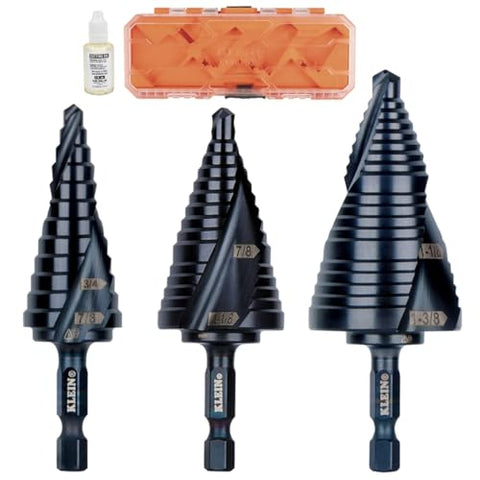 Klein Tools QRSTSPRO Premium 3-Piece Electrician's Step Bit Set with Cutting Oil, Modular Case, Impact Rated Quick Release, Double Spiral Flutes
