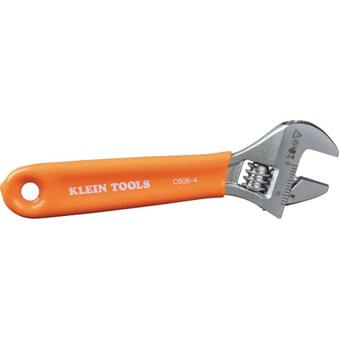 Klein Tools O5064 Adjustable Wrench, Extra-Capacity Jaw, Forged Heat-Treated Alloy Steel, SAE, Metric Scales, Plastic-Dipped Handle, 4-Inch