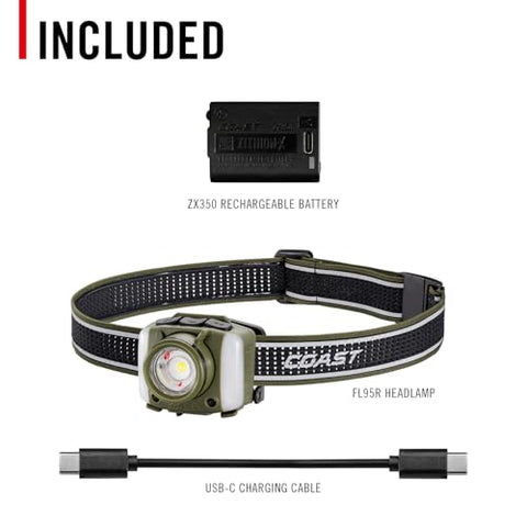 Coast FL95R 1250 Lumen Rechargeable Plus LED Headlamp Green Red Area Light Mode