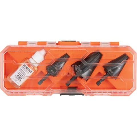 Klein Tools QRSTSPRO Premium 3-Piece Electrician's Step Bit Set with Cutting Oil, Modular Case, Impact Rated Quick Release, Double Spiral Flutes