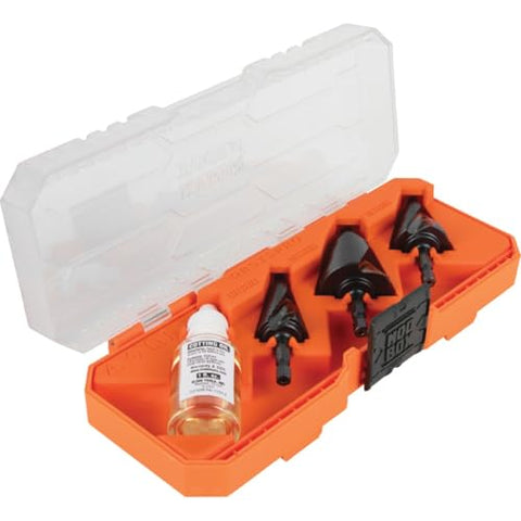 Klein Tools QRSTSPRO Premium 3-Piece Electrician's Step Bit Set with Cutting Oil, Modular Case, Impact Rated Quick Release, Double Spiral Flutes