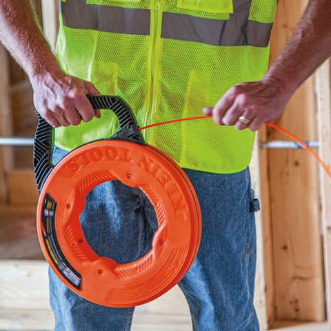 Klein Tools 56380 Non-Conductive Electrical Fish Tape, Multi-Groove Fiberglass Wire Puller with Steel Leader, 100-Foot x 3/16-Inch