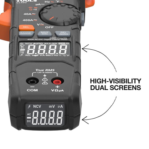 Klein Tools CL490 AC/DC Digital Clamp Meter with TRMS, Dual Display, Auto-Ranging, Current, Voltage, Resistance, Continuity, NCVT Detection, and Reverse Contrast LCD