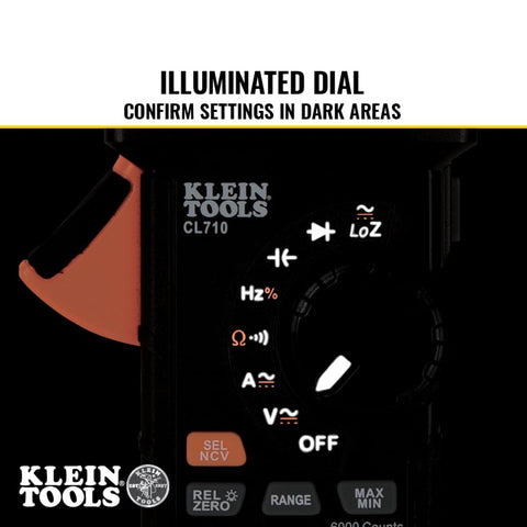 Klein Tools CL710 Pro Digital Clamp Meter with Illuminated Dial, 600A AC/DC Auto-Ranging, TRMS, NCVT, 6000 Count LCD, Measures Current, LOZ, Continuity, Frequency