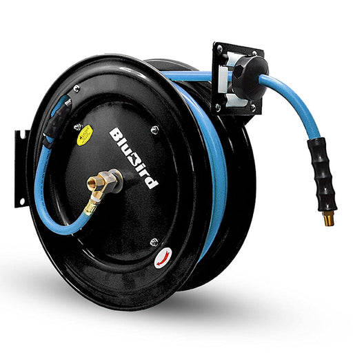 BLUBIRD BBR1250 20ga. Retractable Hose Reel with 1/2" X 50' Air Hose, 12 Point Ratcheting Gear, Next-Gen Rubber, Lightest, Strongest, Most Flexible, 300 PSI, 50F to 190F Degrees, Polyester Braided