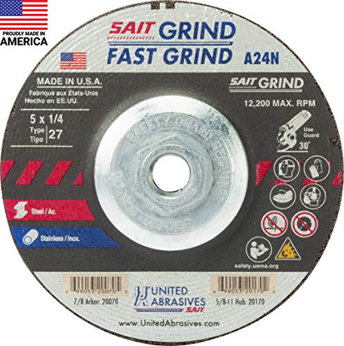 United Abrasives-SAIT 20170 A24N Fast Grinding Wheel 5" x 1/4" x 5/8-11" Type 27 with Super-Lock� Hub, 10 Pack